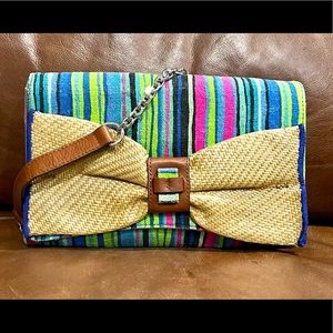 Nanette Lepore Stripe & Straw Bow Linen Clutch Bag & Dust Bag